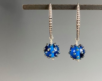 Lamp Work Earrings - Lamp Work Jewelry - Blue Glass Earrings - Sphere