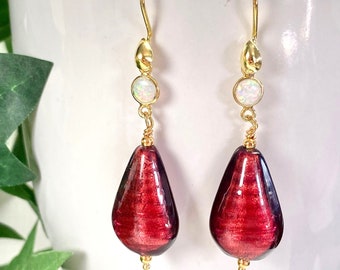 Murano Glass Earrings - Venetian Glass Jewelry - Red Jewelry - Italian beads - Opal Earrings - Cherry Tear