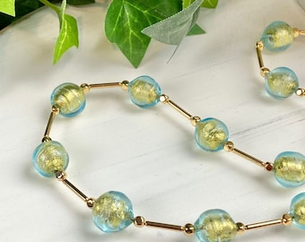 Venetian Glass Necklace - Vintage Venetian Glass Beads - Beaded Necklace - Blue Gold Moons