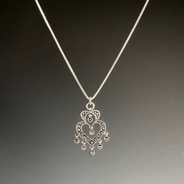 Marcasite Necklace - Marcasite Jewelry - Art Deco Jewelry - 1920's Jewelry - Duo Heart