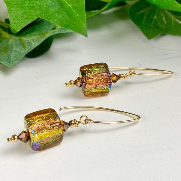 Dichroic Glass Earrings - Dichroic Jewelry - Sparkly Jewelry - Autumn Color Jewelry - Italian Jewelry - Lava Core