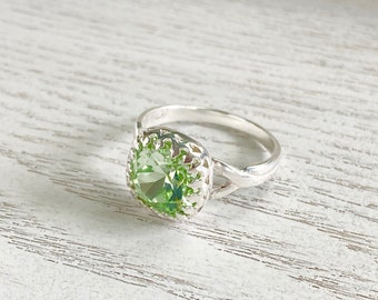 Green Crystal Ring - Crystal Jewelry - Cushion Cut Ring - Mint Green Jewelry - Square Chrysolite