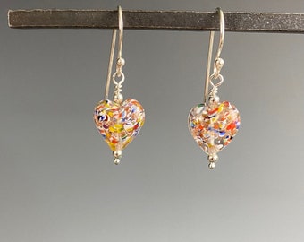 Clear and yellow Murano glass floral bead long stemmed rose gold heart-shaped bead tiny gold coloured stainless steel hoop earrings