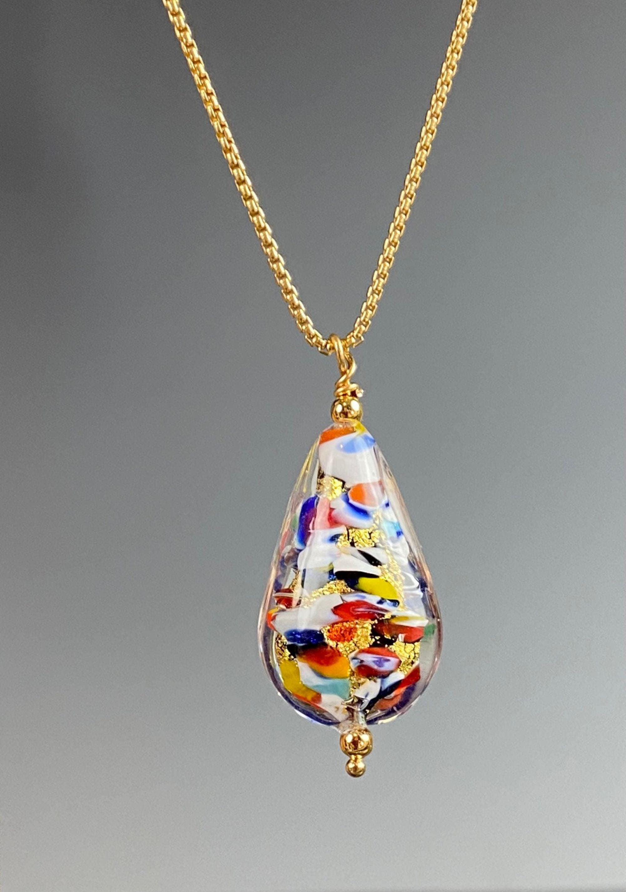 Pendentif Or 14K Années 60 Avec Perle De Venise Multicolore - Vintage, Parfait état