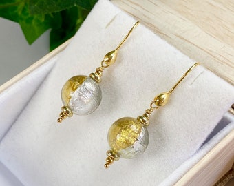 Murano Glass Earrings - Gold Murano Jewelry - Venetian Glass Jewelry - Gift For Her - Holiday Gift - Italian Jewelry - Silvery Gold