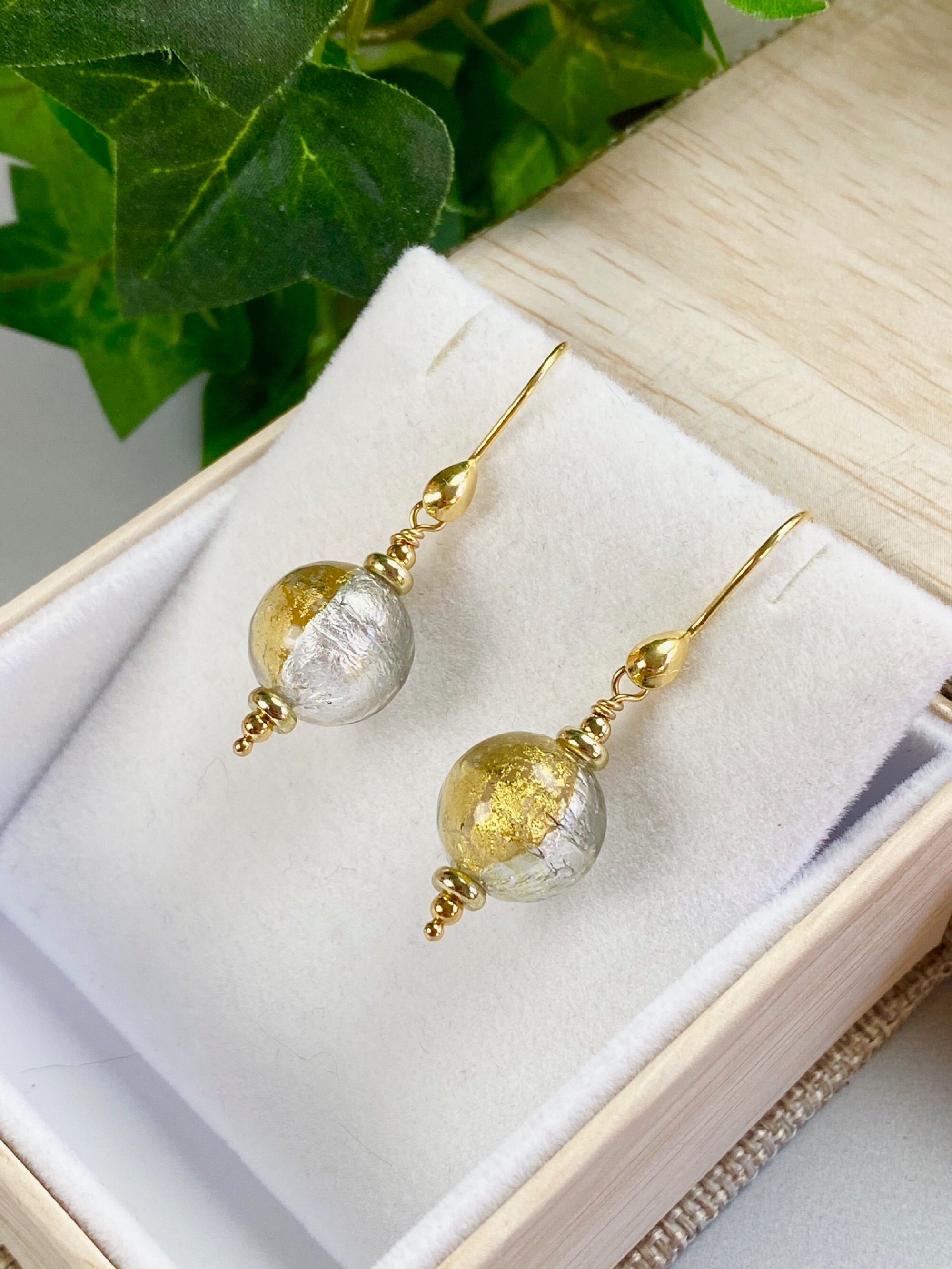 Venetian Glass Earrings - Gold Murano Jewelry - Venetian Glass Jewelry - Gift For Her - Holiday Gift - Italian Glass - Silvery Gold