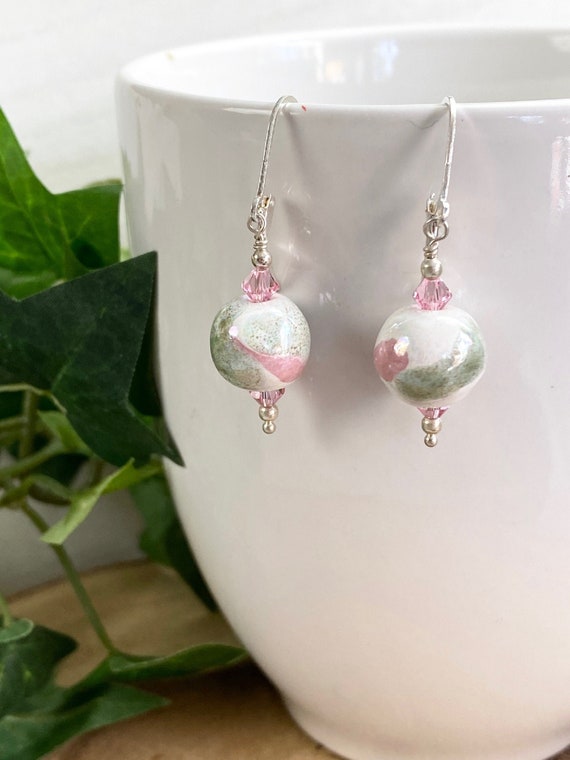 Drop Earring Classic Beauty Hand Painted White Kazuri Beaded Earrings