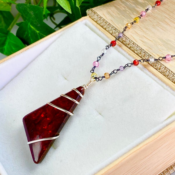 Red Ammolite Pendant Necklace - Canadian Ammolite Jewelry - CZ Necklace - Wire Wrapped Colorful Jewelry - Red Ammolite