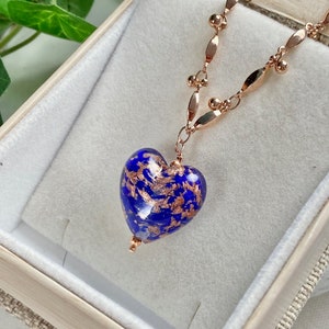 Murano Glass Necklace - Venetian Jewelry - Rose Gold Necklace - Murano Heart Jewelry - Valentines Gift - Blue Rose Gold