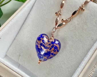 Murano Glass Necklace - Venetian Jewelry - Rose Gold Necklace - Murano Heart Jewelry - Valentines Gift - Blue Rose Gold