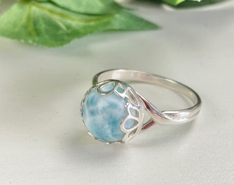 Larimar Ring - Larimar Jewelry - Gemstone Ring - Larimar Gift For Her - Solitaire Ring - Larimar Round