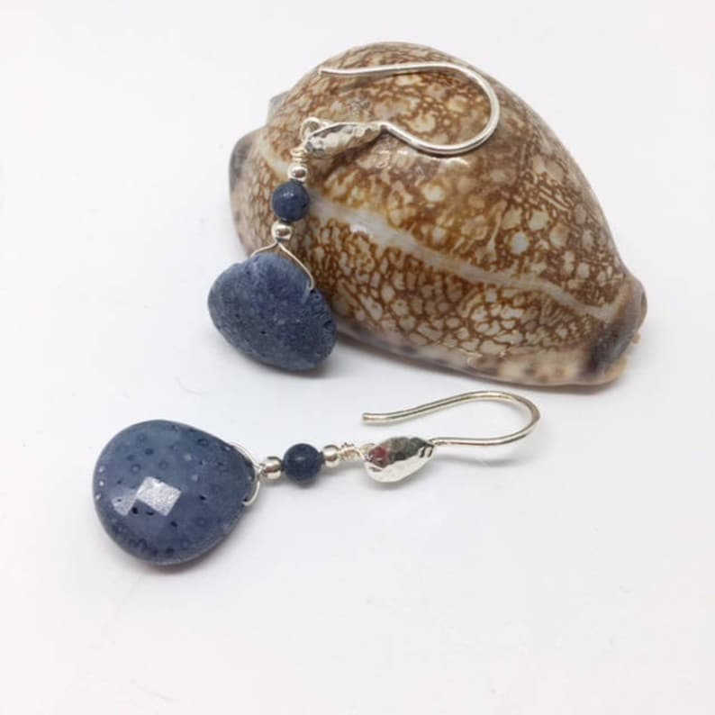 May include: A pair of silver dangle earrings with blue stone drops. The earrings are displayed on a seashell.