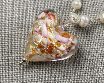 Murano Glass Necklace - Murano Pendant - Venetian Jewelry - Snowy Heart