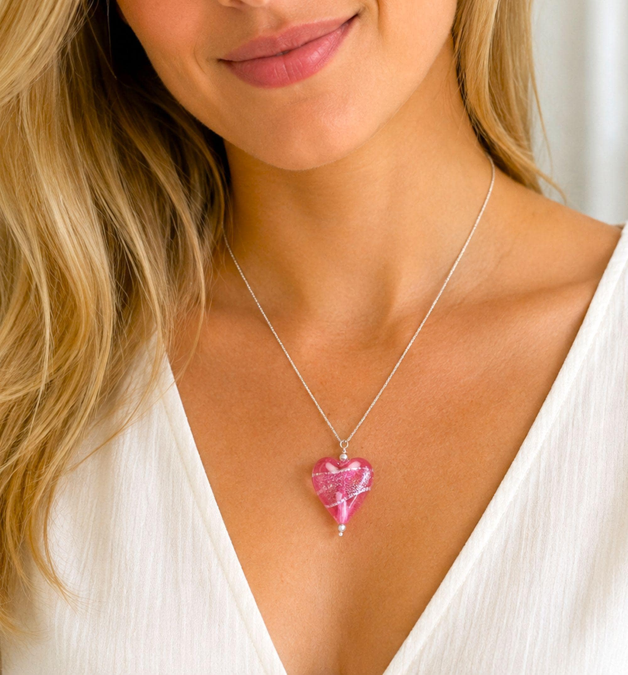 Venetian Glass Pendant Heart Necklace - Murano/ Venetian Glass Jewelry - Pinky Heart