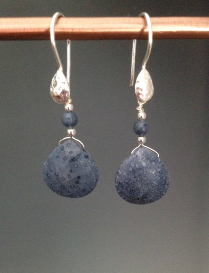 May include: A pair of silver dangle earrings with dark blue gemstone beads and textured silver teardrop charms.