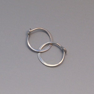 14k White Gold Hoops, Hammered Minimalist 1/2" Polished Solid White Gold, Tiny Hoop Earings, 13 mm Sleepers, Handmade Hoops