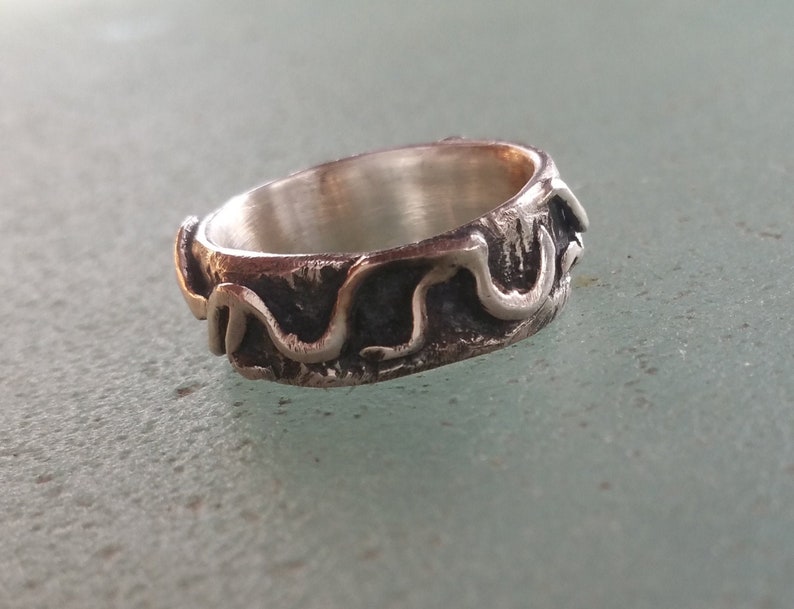 Size 8 Rustic Wedding Band 8mm Rustic Sterling Silver Ring Unisex Wedding Ring Vines Overlaid on Bark Texture Mens Band