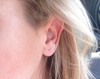 Solid Gold Ear Climbers, Curved Bar 14k Small Ear Crawlers, Yellow or Rose Gold Pin Earrings