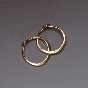 Solid Gold Earrings, Tiny Gold Hoops with Secure Clasp, 14k Gold Hoop Earrings, Small 14kt Gold Hoops 13mm 1/2 Hammered Sleeper Earings image 5