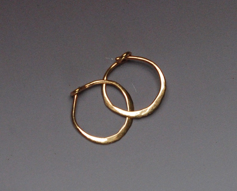 Solid Gold Earrings, Tiny Gold Hoops with Secure Clasp, 14k Gold Hoop Earrings, Small 14kt Gold Hoops 13mm 1/2 Hammered Sleeper Earings image 5