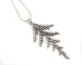 Silver Cedar Branch Necklace, Sterling Silver Leaf Pendant