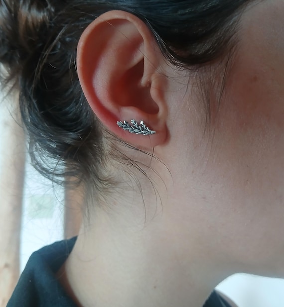 Sterling Silver Cedar Leaf Ear Climbers, Nature Ear Cuffs