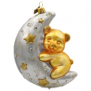 Adorable 1st Christmas Baby Ornament-Handmade Blown Glass Ornament-Poland Crafted-Teddy Bear Sleeping on Silver Moon-Holiday Decor-Teddy