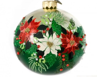 Hand Blown Glass Ornament-Christmas Bouquet-Handmade Glass Ball Christmas Ornament-Made n Poland Poinsettia Painted Ornament-Unique Ornament
