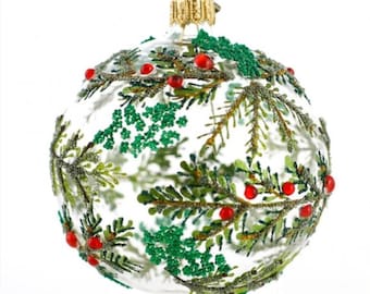 Handmade Hand Blown Glass Ball Christmas Ornament-The Enchanted Forest Glass Ornament-Made in Poland-Clear Glass Ornament w Jeweled Branches