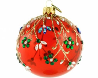 Red Jeweled Floral Blown Glass Ornament- Handmade Glass Ball Christmas Ornament-Flower Curtain-Made in Poland-Transparent Red Glass Ornament