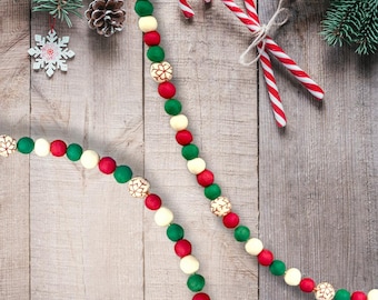 Snowflake Garland -Handmade Embroidered Snowflake w/Red Green and White Christmas Tree Felt Ball Garland-Holiday Garland Decoration-4 Ft-48"