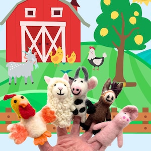 May include: A hand displays six felt finger puppets: a rooster, alpaca, cow, donkey, and pig. The background features a red barn, farm animals, a tree with yellow fruit, and a sunny sky. The puppets are colorful and detailed.