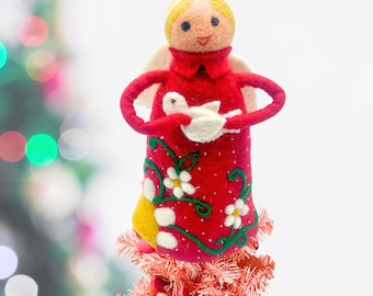Handmade Wool Felt Angel Tree Topper w Red Embroidered Flower Dress Holding White Dove- Christmas Tree Angel Tree Topper-Holiday Angel Decor
