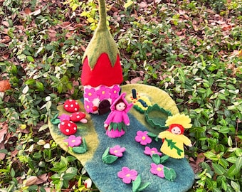 Flower Blossom Wool Felt Fairy Cottage Play mat/Playscape with Fairy-Waldorf Inspired Toy-Baby Development Toys-Puppet Imaginative Playtime