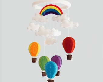 Baby Crib Mobile-Hot Air Balloon Mobile for Nursery-Rainbow Mobile-Handmade Natural Eco-Friendly Wool Felt-Handmade in Nepal-Kids Room Decor