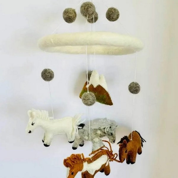 Horse Mobile for Nursery - Handmade Natural Wool Felt-Made in Nepal-Baby Cowboy, Baby Cowgirl Horse Mobile-