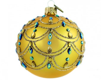 Golden Art Deco Glass Christmas Ornament- Handmade Hand Blown Glass Ball Christmas Ornament Embellished with Crystals- Handcrafted in Poland