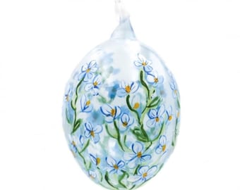 Hand-Painted Floral Violets Blown Glass Egg Ornament - Made in Poland
