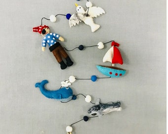 Handmade Felt Nautical Pirate Garland -Nautical /Whale/Shark Natural Wool Felt Garland- 4 foot length-48"-Made in Nepal-Boys Room Decoration