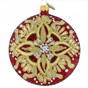 Red Medallion Glass Ornament - Handmade Blown Glass Ball Christmas Ornament- Made in Poland-Embellished Glass Christmas Bauble