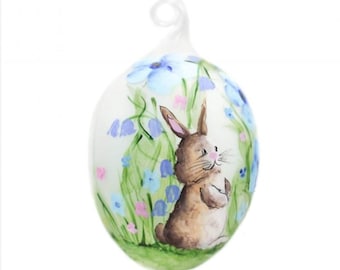 Handmade Blown Glass Easter Egg Ornament: Painted Bunny, Spring Bauble