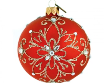 Glass Ball Christmas Ornament-Made in Poland-Red & Gold Sustainable Glass Holiday Ornament-Winter Festive Tree Decor,Christmas Tree Decor