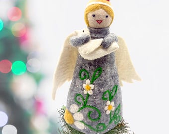 Handmade Felt Angel Tree Topper Holding White Dove-Hand Felted Christmas Holiday Tree Topper-Angel Tree Topper Grey Embroidered Floral Dress