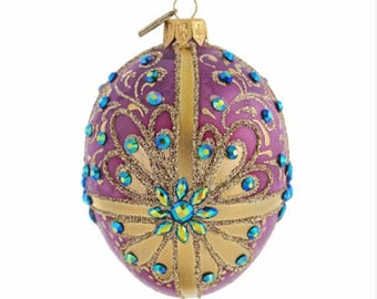 Lavender Blown Glass Peacock Feathers Egg Ornament-Handmade Faberge Glass Christmas Tree Ornament-Made inPoland-Glass Jeweled Holiday Bauble