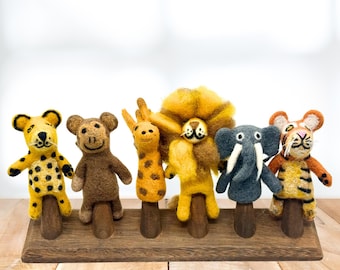 Handmade Eco-Friendly Brown Washed Wooden Finger Puppet Stand / Fits 6 Finger Puppets -Finger Puppet Brown Washed Wood Display-*ONLY STAND**