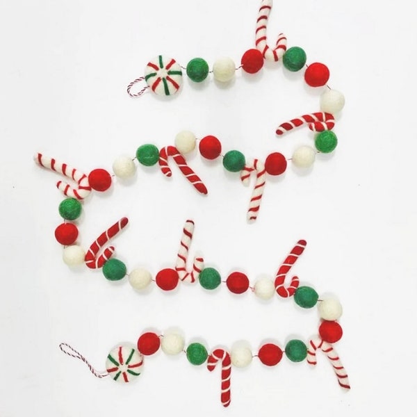 Handmade Christmas Candy Cane Garland - Christmas Mantel Decoration - Handmade Felted Wool Christmas Peppermint/Candy Cane Garland - 57"