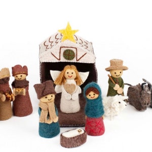 Handmade Felt Christmas Nativity Christmas-Hand Crafted Wool Felt Christmas Nativity Set Made In Nepal, 12 Piece Set, 7.5" x 5" x 5"