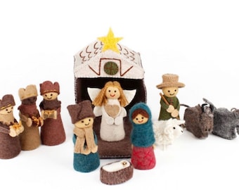 Handmade Felt Christmas Nativity Christmas-Hand Crafted Wool Felt Christmas Nativity Set Made In Nepal, 12 Piece Set, 7.5" x 5" x 5"