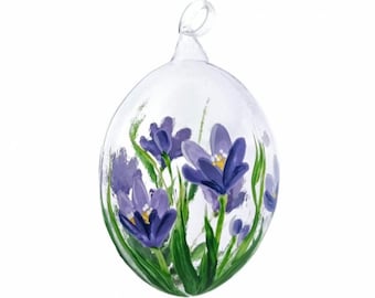Purple Crocus Blown Glass Egg Ornament-Handmade Faberge Glass Christmas Tree Ornament-Made in Poland-Glass Holiday Handpainted Floral Bauble