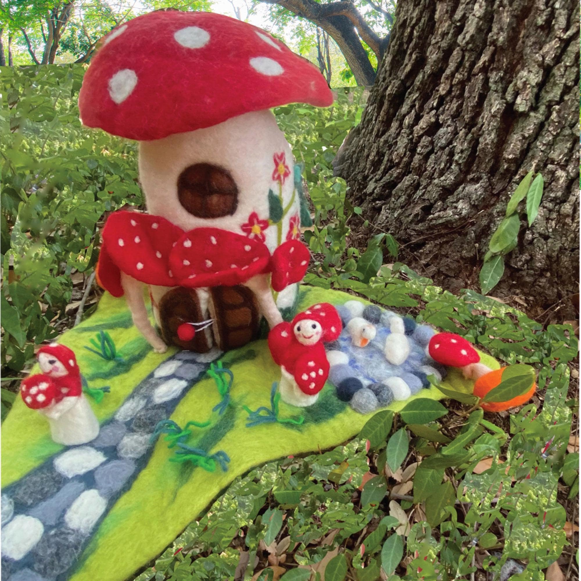 Woodland Mushroom Wool Felt Cottage Playmat w/ 2 Fairies/Playscape-Waldorf Inspired Toy-Infant/Toddler Development Toys-Imaginative Playtime